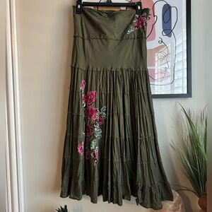 Y2K FLORAL SEQUIN OLIVE GREEN LAYERED SKIRT